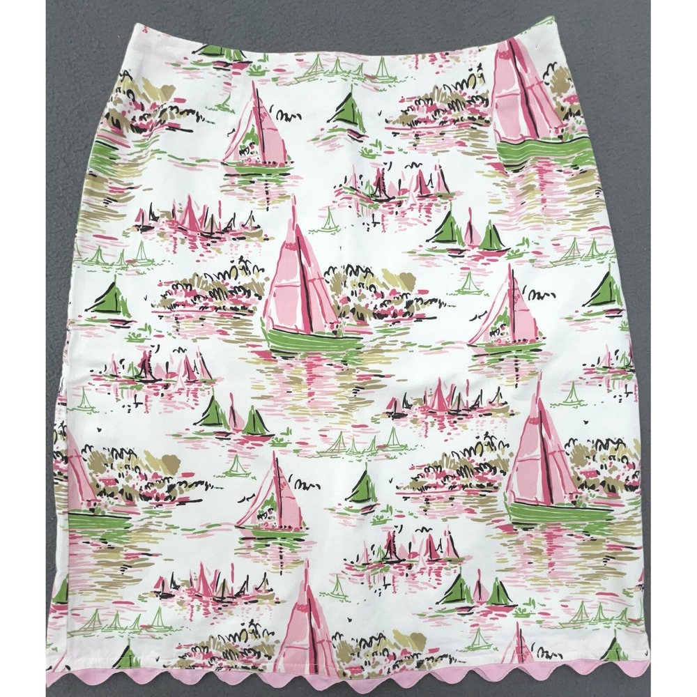 Women‎ Mini Skirt 2 Pink Green White Sailboat Print Cotton Coastal Prep USA Made